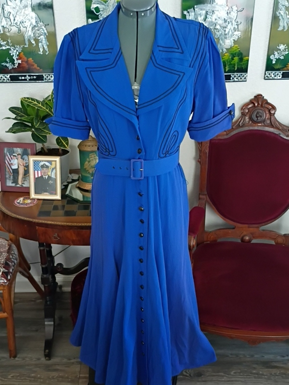 Vintage Karen Alexander Blue Belted Maxi Dress with Button Front